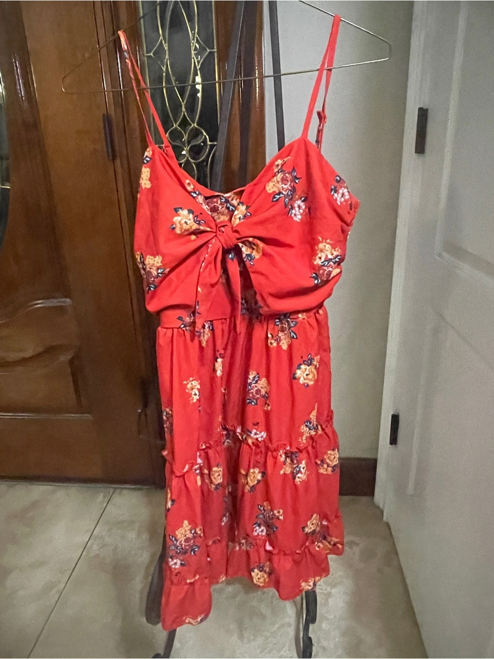 Women's Red Floral Tie-Front Midi Dress Size S Vintage